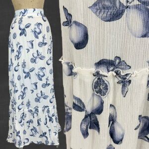 Lemon orange fruit blossom long maxi skirt ruffle bottom elastic waist blue XL